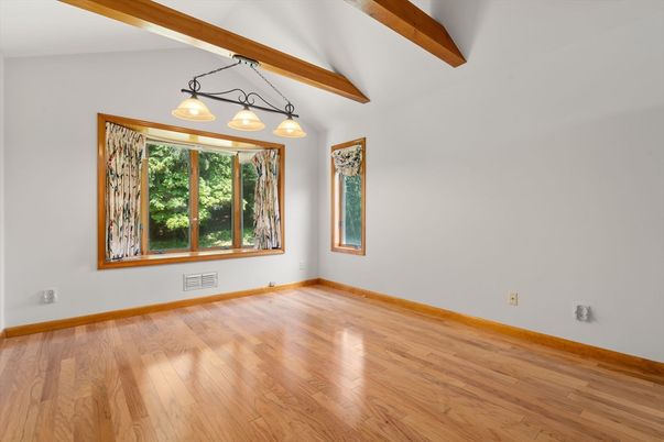Empty room, Interior, Pendant Lights, Wooden Beams, Wood Texture Flooring