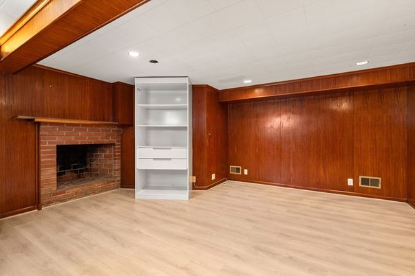 Empty room, Fireplace, Interior, Recessed Lighting, Wood Texture Flooring, Wooden Walls