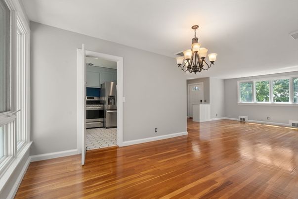 Chandelier, Empty room, Interior, Kitchen, Stainless Steel Appliances, Wood Texture Flooring
