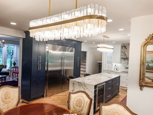 Chandelier, Interior, Kitchen, Recessed Lighting, Stainless Steel Appliances, Wood Texture Flooring