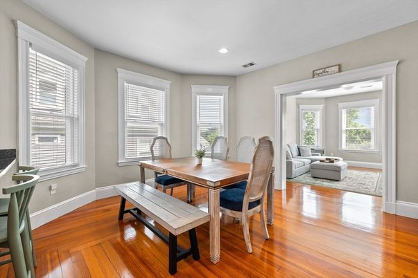 Dining room, Interior, Living room, Recessed Lighting, Wood Texture Flooring