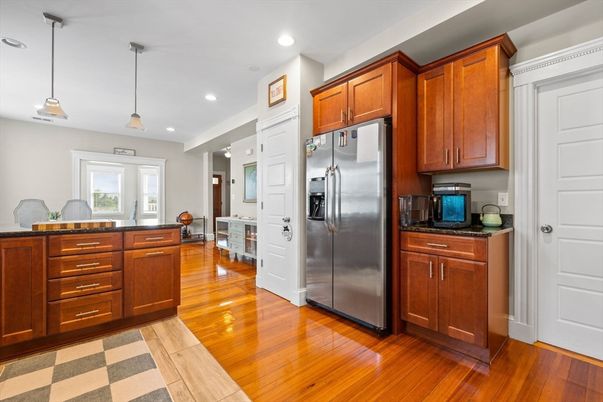 Interior, Kitchen, Pendant Lights, Recessed Lighting, Stainless Steel Appliances, Wood Texture Flooring