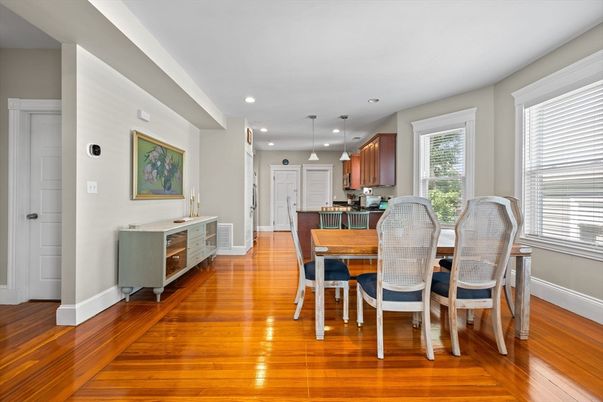 Dining room, Interior, Kitchen, Pendant Lights, Recessed Lighting, Wood Texture Flooring