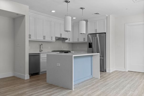 Interior, Kitchen, Pendant Lights, Recessed Lighting, Stainless Steel Appliances, Wood Texture Flooring