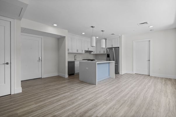 Interior, Kitchen, Pendant Lights, Recessed Lighting, Stainless Steel Appliances, Wood Texture Flooring