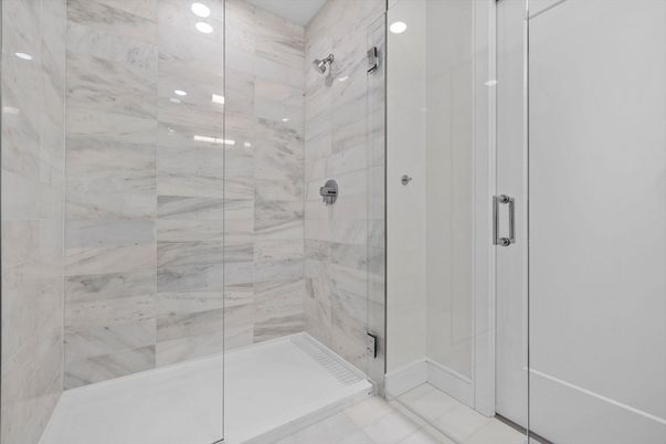 Bathroom, Glass Shower, Interior, Marble Walls, Recessed Lighting