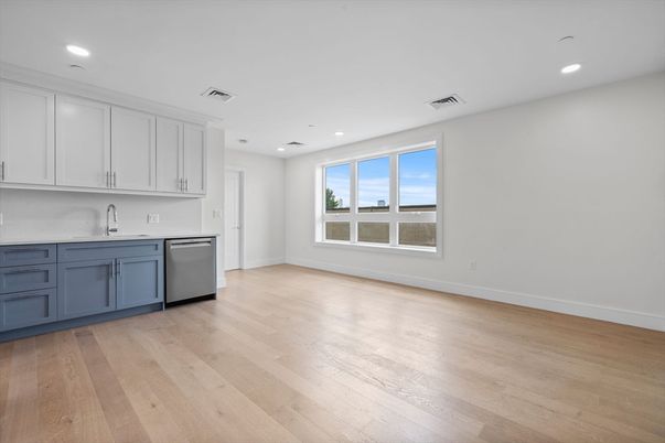 Empty room, Interior, Kitchen, Recessed Lighting, Wood Texture Flooring