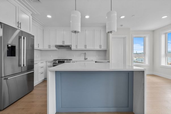 Interior, Kitchen, Pendant Lights, Recessed Lighting, Stainless Steel Appliances, Wood Texture Flooring