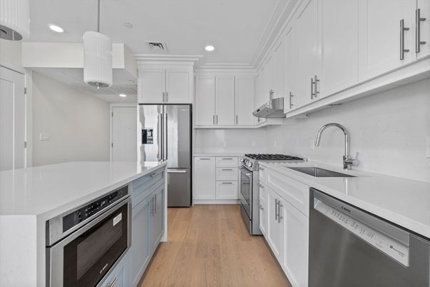 Interior, Kitchen, Pendant Lights, Recessed Lighting, Stainless Steel Appliances, Wood Texture Flooring