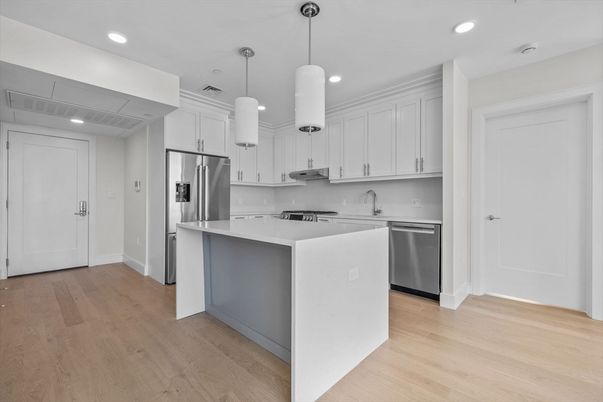 Interior, Kitchen, Pendant Lights, Recessed Lighting, Stainless Steel Appliances, Wood Texture Flooring