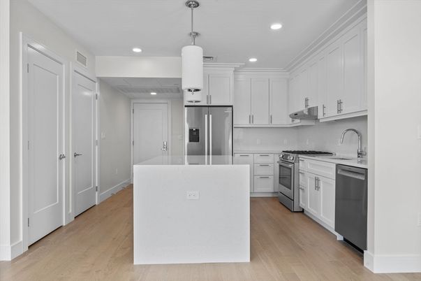 Interior, Kitchen, Pendant Lights, Recessed Lighting, Stainless Steel Appliances, Wood Texture Flooring