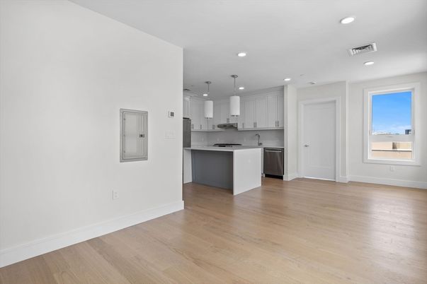 Empty room, Interior, Kitchen, Pendant Lights, Recessed Lighting, Wood Texture Flooring