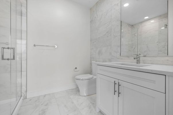 Bathroom, Glass Shower, Interior, Marble, Marble Walls, Recessed Lighting