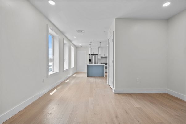Empty room, Interior, Kitchen, Recessed Lighting, Wood Texture Flooring
