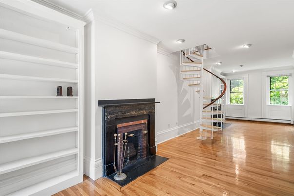 Fireplace, Interior, Recessed Lighting, Wood Texture Flooring