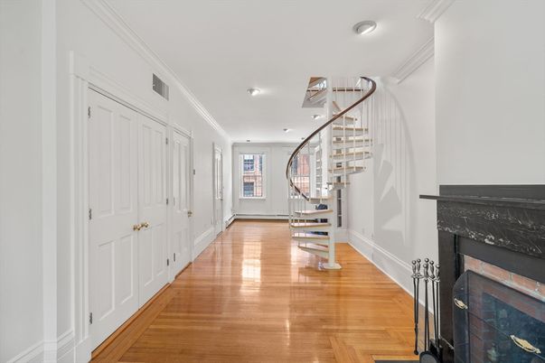 Fireplace, Interior, Recessed Lighting, Wood Texture Flooring
