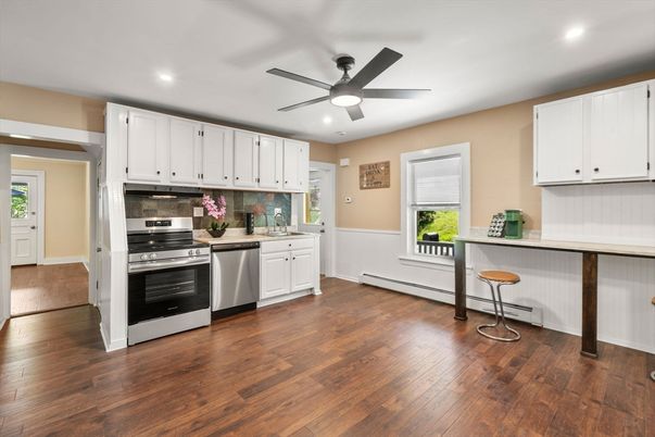 Interior, Kitchen, Recessed Lighting, Stainless Steel Appliances, Wood Texture Flooring