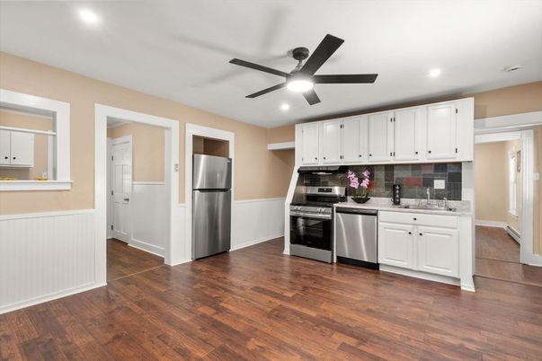 Interior, Kitchen, Recessed Lighting, Stainless Steel Appliances, Wood Texture Flooring