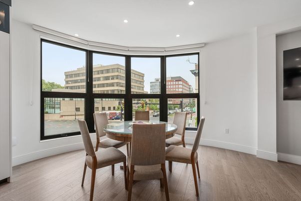 Dining room, Interior, Recessed Lighting, Wood Texture Flooring