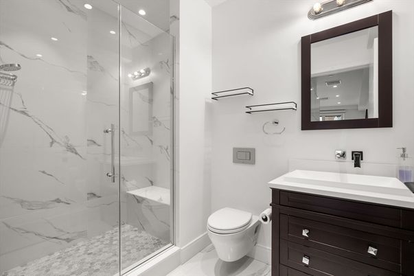Bathroom, Glass Shower, Interior, Marble Walls, Recessed Lighting