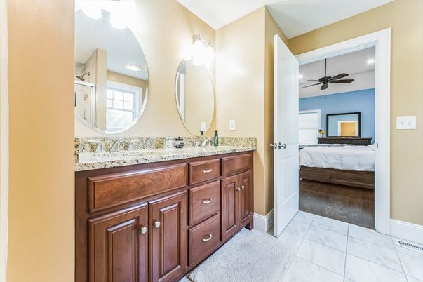 Bathroom, Bedroom, Dual Sink Vanities, Interior, Marble, Recessed Lighting, Wood Texture Flooring