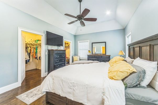 Bedroom, Interior, Recessed Lighting, Wood Texture Flooring