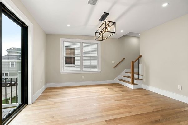 Empty room, Interior, Pendant Lights, Recessed Lighting, Wood Texture Flooring