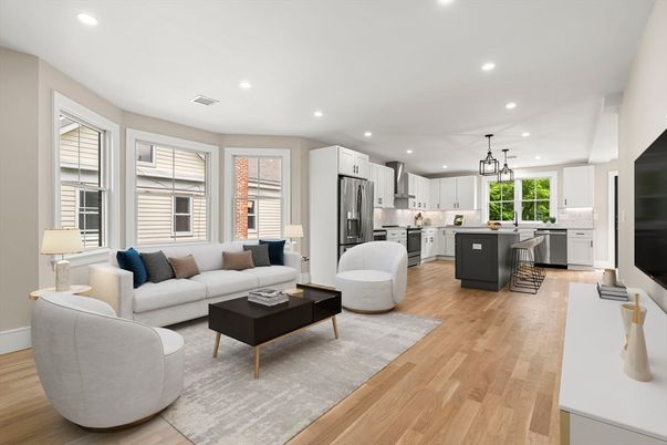 Interior, Kitchen, Living room, Pendant Lights, Recessed Lighting, Stainless Steel Appliances, Wood Texture Flooring