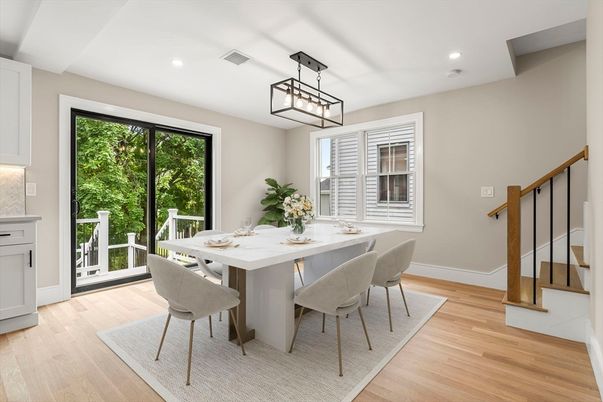 Dining room, Interior, Pendant Lights, Recessed Lighting, Wood Texture Flooring