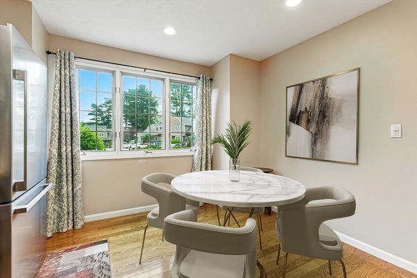 Dining room, Interior, Recessed Lighting, Wood Texture Flooring
