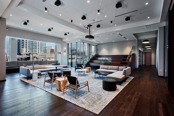 Interior, Living room, Pendant Lights, Recessed Lighting, Wood Texture Flooring