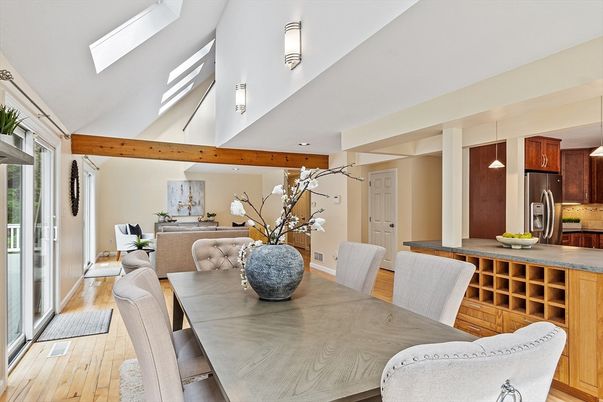 Dining room, Interior, Kitchen, Pendant Lights, Recessed Lighting, Wood Texture Flooring
