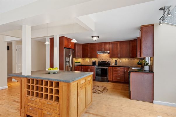Interior, Kitchen, Pendant Lights, Stainless Steel Appliances, Wood Texture Flooring