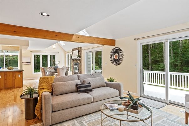 Dining room, Fireplace, Interior, Living room, Recessed Lighting, Wooden Beams, Wood Texture Flooring