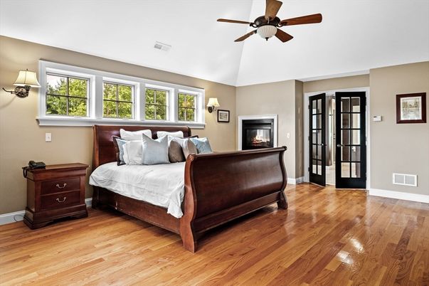Bedroom, Fireplace, Interior, Wood Texture Flooring