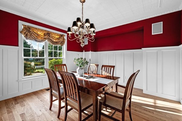 Chandelier, Dining room, Interior, Wood Texture Flooring