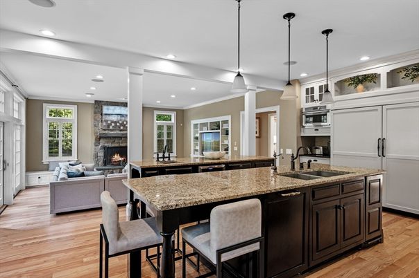 Fireplace, Interior, Kitchen, Living room, Pendant Lights, Recessed Lighting, Stainless Steel Appliances, Wood Texture Flooring