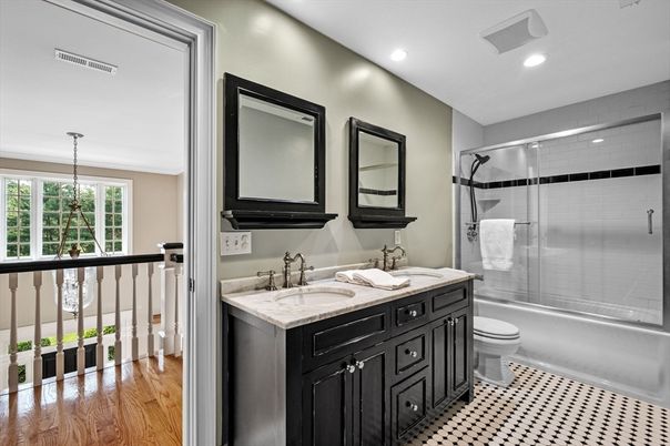 Bathroom, Glass Shower, Interior, Recessed Lighting, Wood Texture Flooring