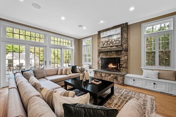 Fireplace, Interior, Living room, Recessed Lighting, Wood Texture Flooring