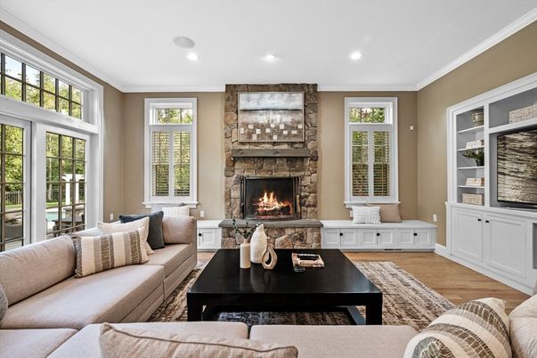 Fireplace, Interior, Living room, Recessed Lighting, Wood Texture Flooring