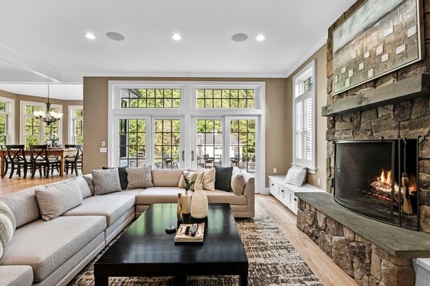 Chandelier, Dining room, Fireplace, Interior, Living room, Recessed Lighting, Wood Texture Flooring