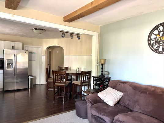 Dining room, Interior, Kitchen, Living room, Stainless Steel Appliances, Wooden Beams, Wood Texture Flooring