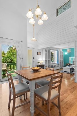 Dining room, Interior, Pendant Lights, Wood Texture Flooring