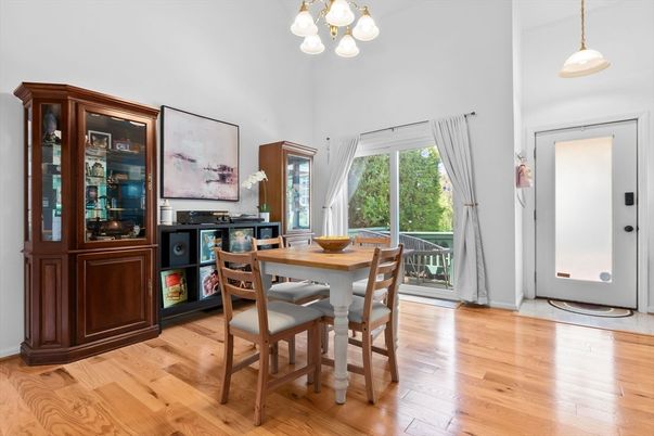 Dining room, Interior, Pendant Lights, Wood Texture Flooring