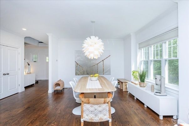 Dining room, Interior, Pendant Lights, Recessed Lighting, Wood Texture Flooring