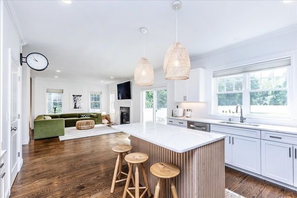 Fireplace, Interior, Kitchen, Living room, Pendant Lights, Recessed Lighting, Wood Texture Flooring