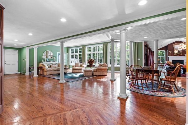 Chandelier, Dining room, Fireplace, Interior, Living room, Recessed Lighting, Wood Texture Flooring