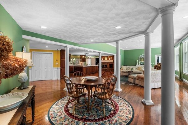 Dining room, Interior, Recessed Lighting, Wood Texture Flooring