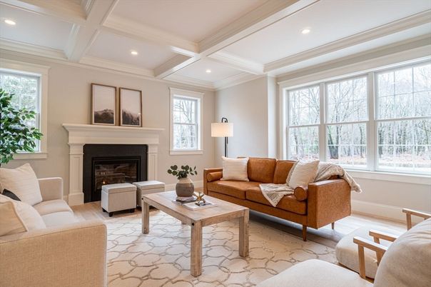 Fireplace, Interior, Living room, Recessed Lighting, Wood Texture Flooring