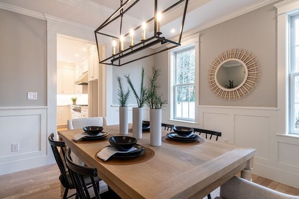 Dining room, Interior, Kitchen, Pendant Lights, Wood Texture Flooring